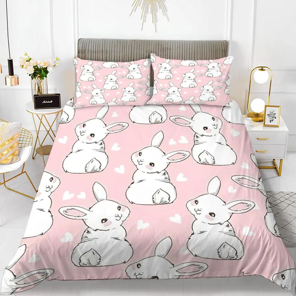 Rabbit Duvet Cover Set Cartoon Animals Theme 3D Print Kawaii Cute Pink King Queen Size For Boy Girls Women Polyester Bedding Set