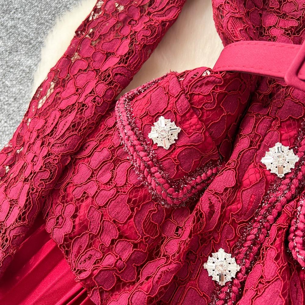 High-End Kleid für Damen im Herbst Französische Mode Spitze Langärmliges Patchwork Taillenbetonendes Plissiertes Langes Kleid