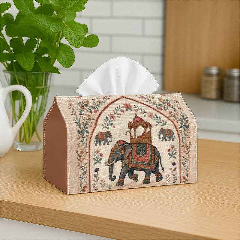 1pc Indian Ethnic Tissue Box Holder - Elephant & Floral Print Traditional Decor Suitable for Home, Kitchen, Car, Party | Compact Sturdy Box with India