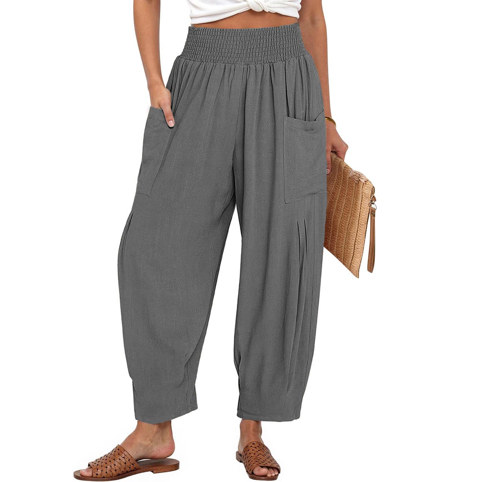 

Women Linen Boho Pants Summer Casual Loose High Waist Cargo Pant Beach Travel Vacation Outfits M