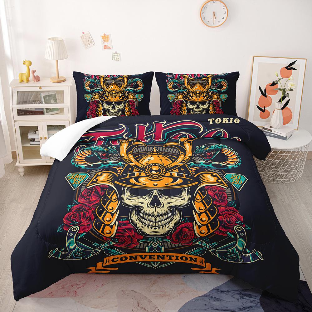 3D-Blumen-Schädelkopf-Bettwäsche-Set, Gothic-Horror-Daunen-Bettbezug, Kissenbezug, 2/3-teilig, Halloween, volle Größe, Heimtextilien, Herren-Bettbezug