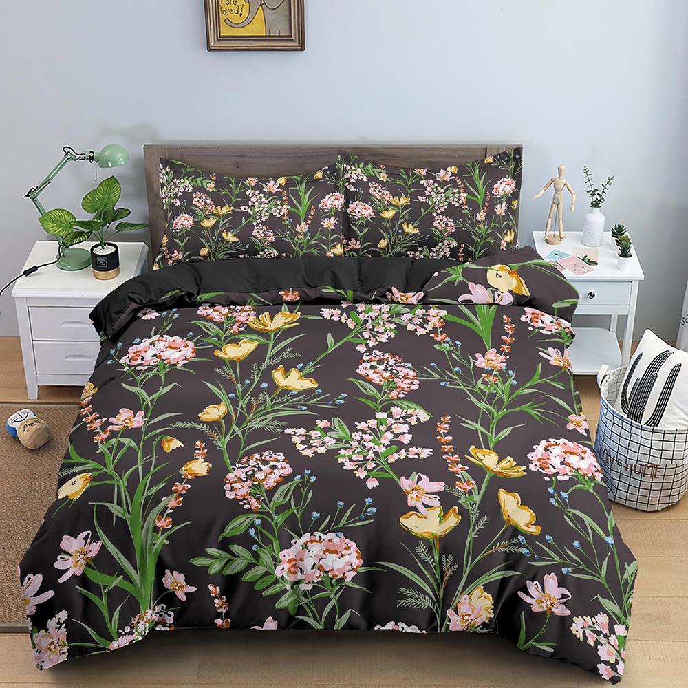 Tropické květy King Queen Ložní souprava Barevný Vintage Květinový Povlak na přikrývku Zelené listy Povlak na přikrývku Polyesterový Povlak na peřinu