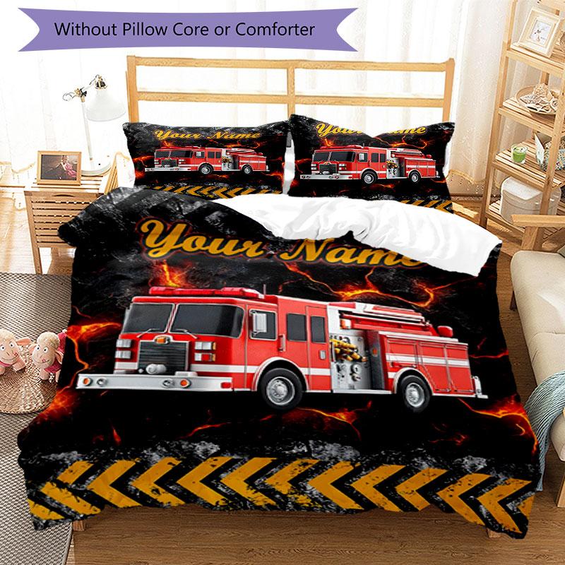 3PC Custom Name Fire Truck Adventure Bedding Set Duvet Cover Closure Includes 1 Duvet Cover & 2 Pillowcases for Bedroom