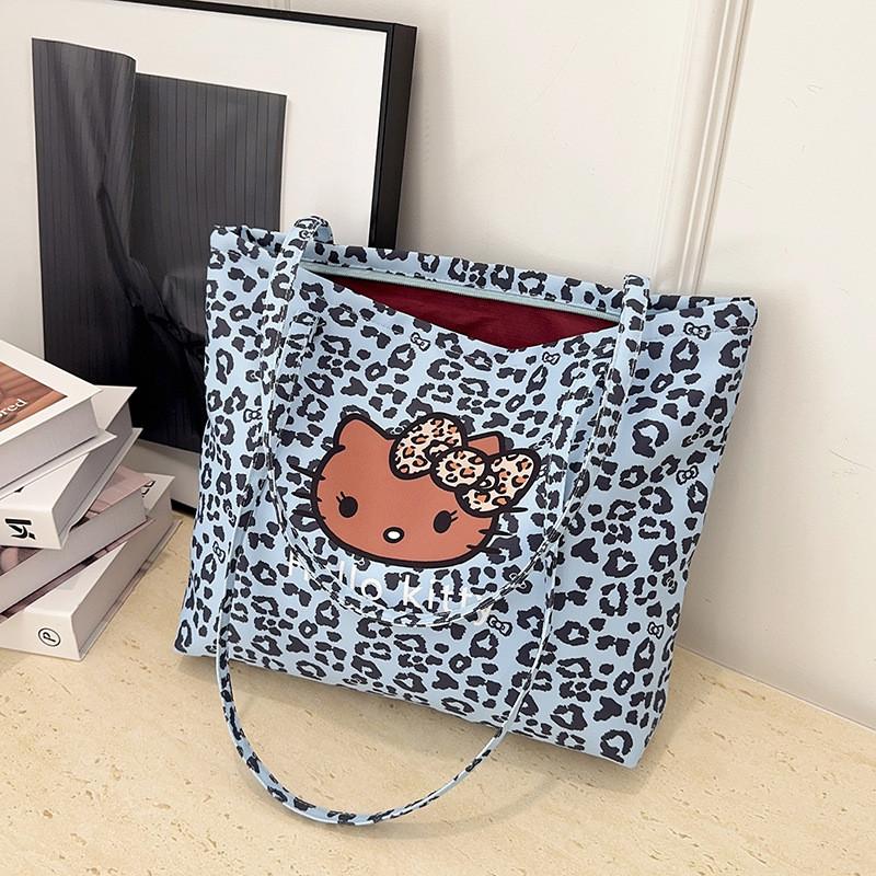 Hello Kitty Leopard Print Canvas Girls Shoulder Bag With Breathable Lightweight Fabric For School And Daily Use