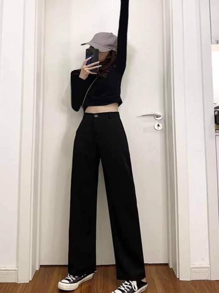 Women's Black Wide-Leg Suit Pants, 2024 Spring Design, High-Waist, Loose Drape, Floor-Length Casual Trousers