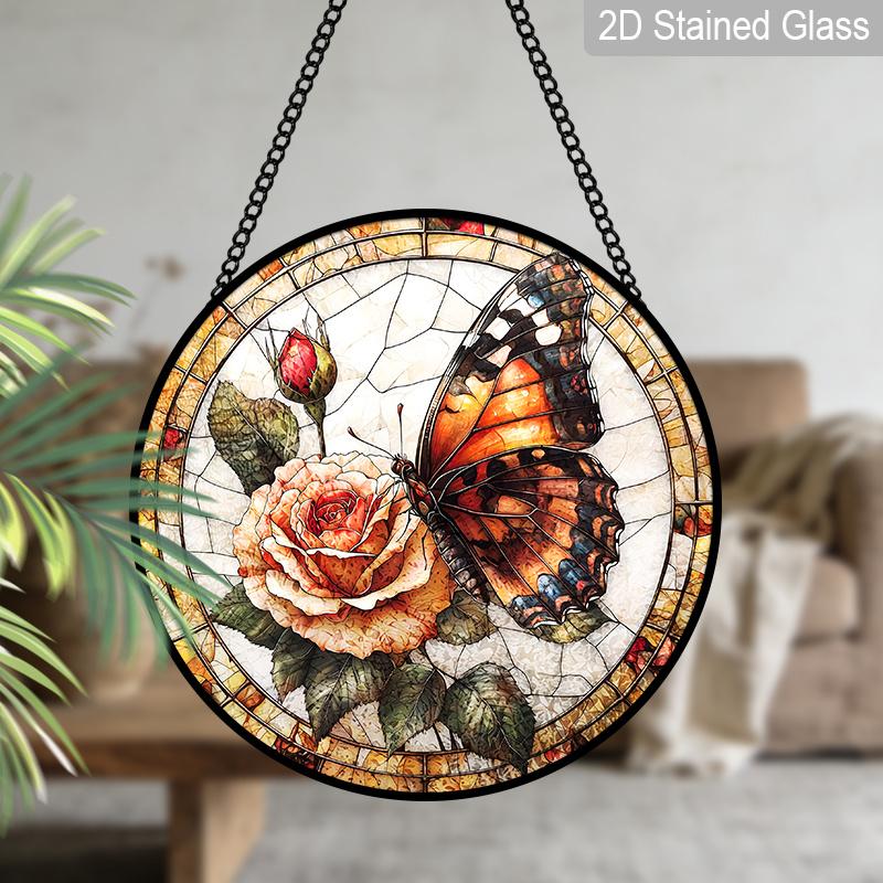 2D Flat, 1pc Butterfly & Rose Round 7.87in Glass Suncatcher, Monarch Butterfly & Rose Print Window Hanging Ornament, Romantic Floral Home Decor