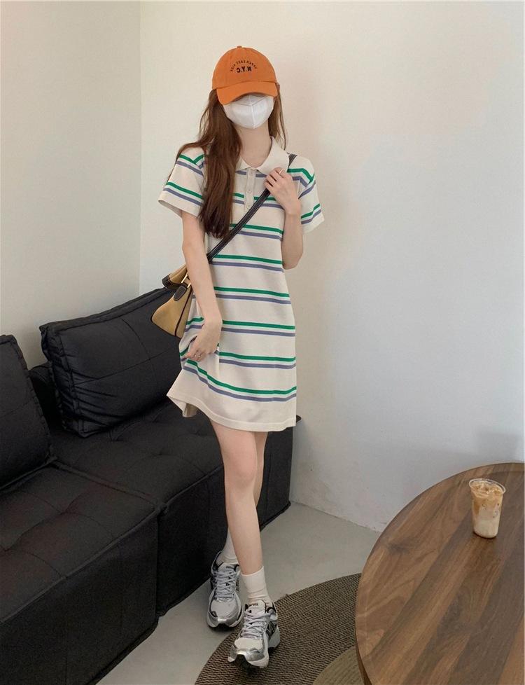 Tmall Douyin quality new summer Korean age-reducing polo collar loose stripe contrasting short-sleeved dress female student