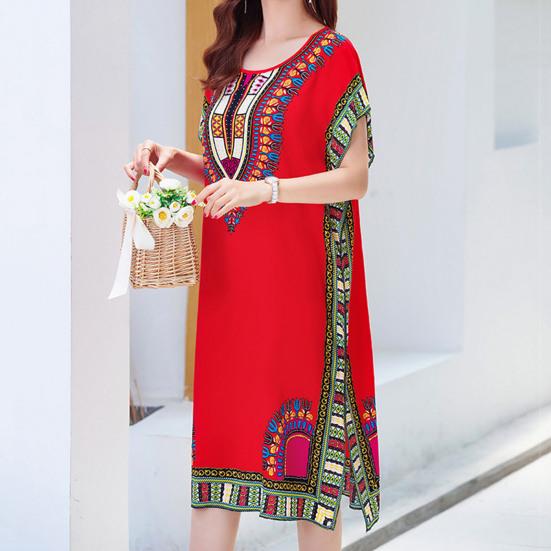 Women Dress Ethnic Style Round Neck Print Contrast Color Geometric Printing Pullover Loose Short Sleeves Midi Dress Women Clothes