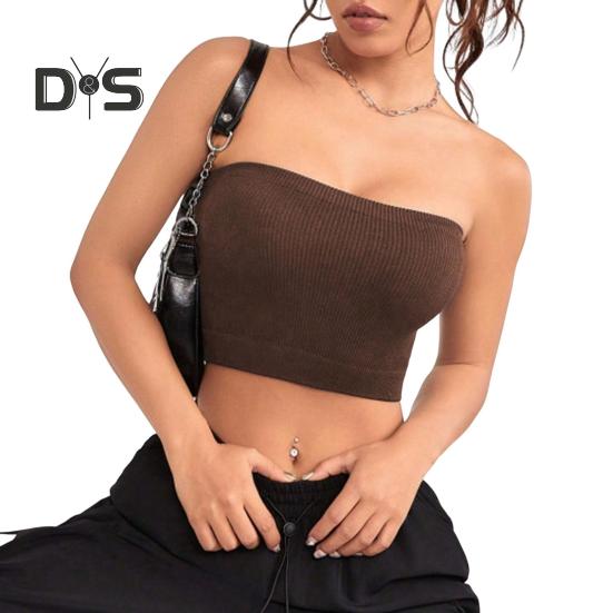 

Женский ребристый жилет, высокоэластичный, противоскользящий, бандо, без бретелек, без рукавов, без спинки, быстросохнущий, укороченный топ с эффектом впитывания пота S коричневый