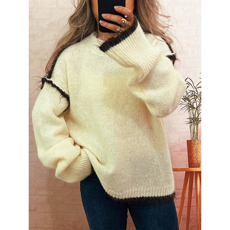 Irregular Spliced Pullover Sweater Women Street Contrast Color Loose O-Neck Knitted Sweaters Autumn Stylish Long Sleeve Knitwear L бежевый 2090₽