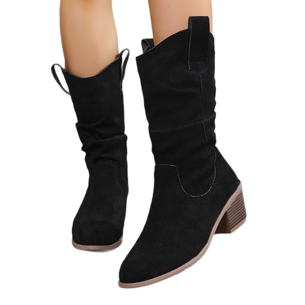 Retro boots autumn and winter new round head thick heel pleated stack short Martin boots knight boots