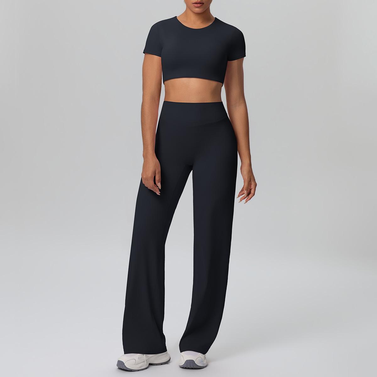 

Women s Cross-Strap Sports T-Shirt & High-Waist Wide-Leg Yoga Pants Set Medium (M)
