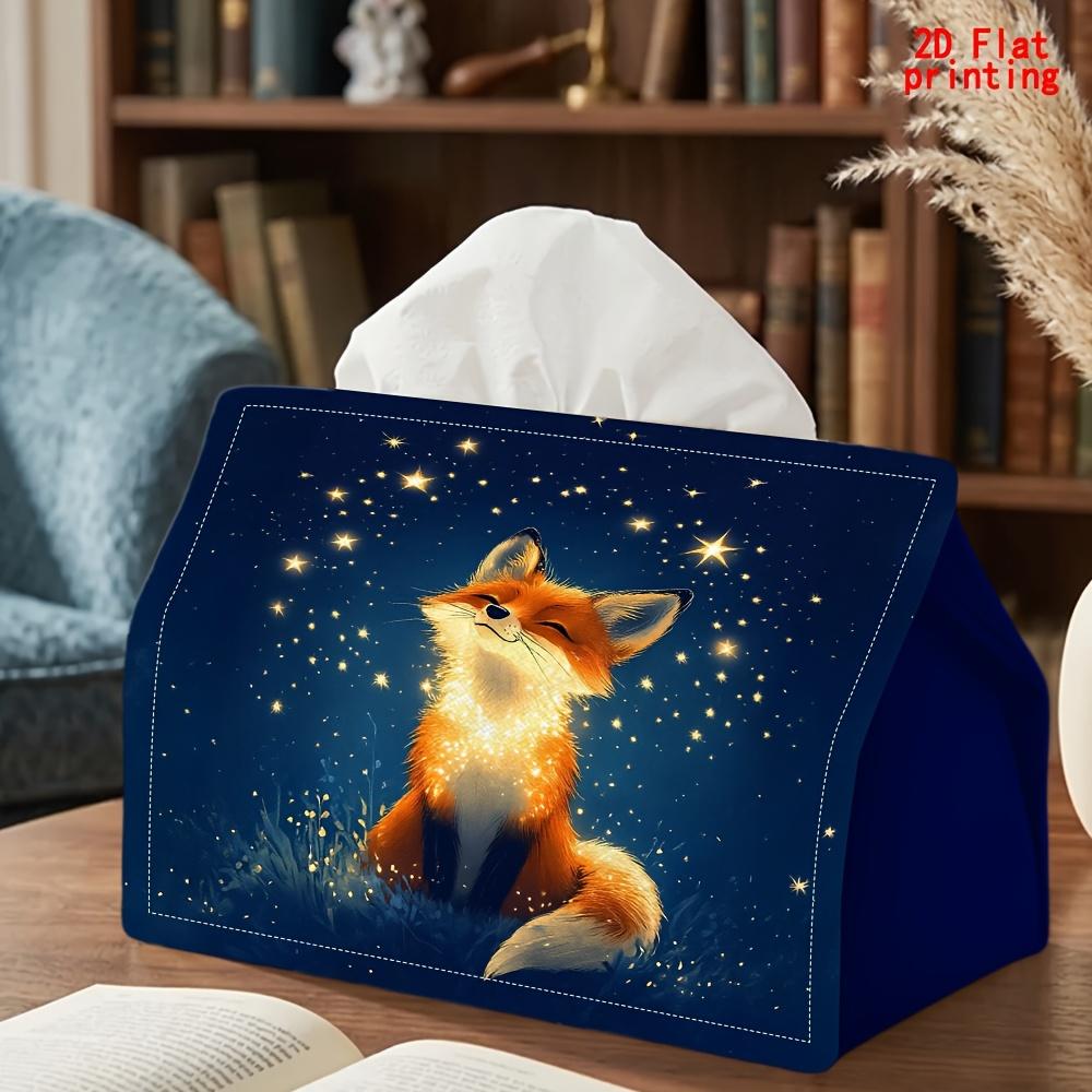 2D Flat 1pc, Tissue Box. Night Sky Fox Pattern Napkin Dispenser, Reusable, Daily Desktop Tissue Organizer, Suitable for Kitchen Living Room Bedroom Ba