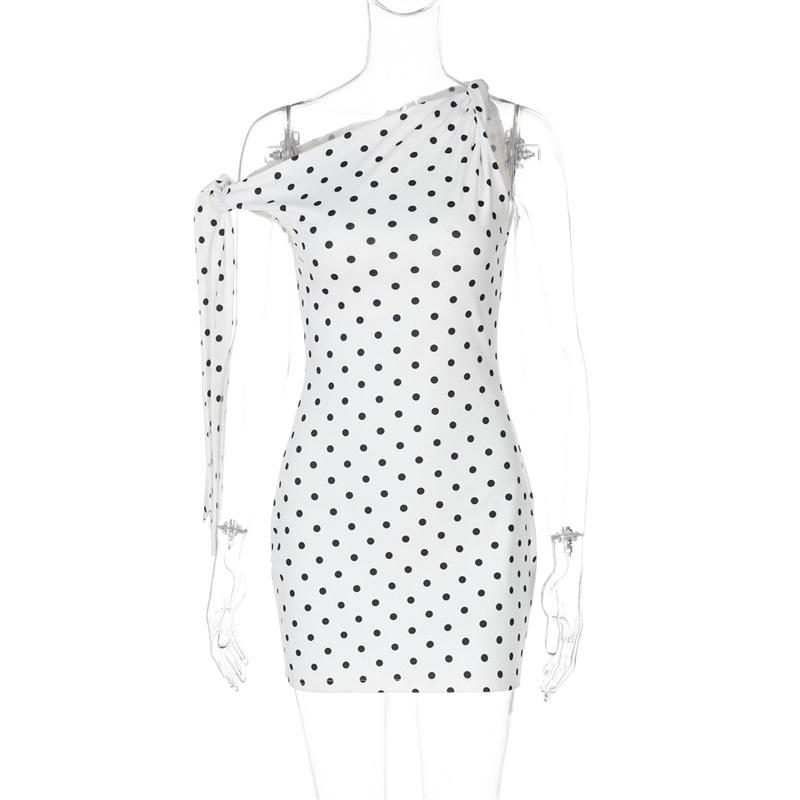 Tooxika Spring New Polka Dot Print Oblique Neck Strap Slim Fit Hip Dress