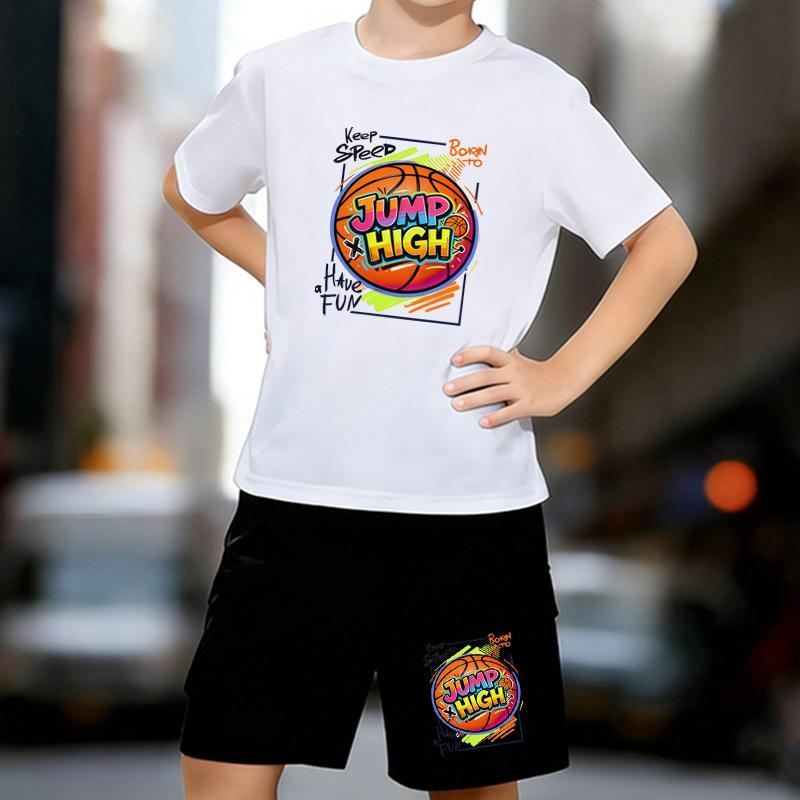 

Boys 2 Piece Basketball-themed printed Outfit, Short Sleeve T-Shirt and Shorts Set for Kids Age 5-14,Black and White Sporty Casual Summer Clothes 13-14 Years білий