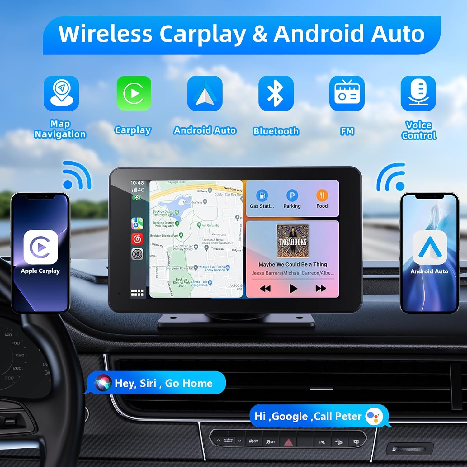 Wireless Apple Carplay and Android Auto Screen for Car, 7  HD Portable Touch Screen Car Stereo with Bluetooth, Backup Camera, Navigation, Mirror Link