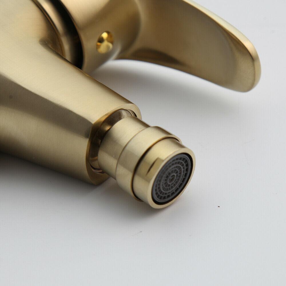Brushed Gold Stainless Steel Single Hole Ceramic Bathroom Bidet Faucet Wash Basin Sink Mixer Tap Waterfall Spout Hot & Cold
