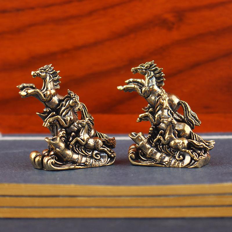 Vintage Solid Brass Galloping Horses Statue - Feng Shui Chinese Figurine, Retro Desktop Office Decor & Collectible Art Ornament