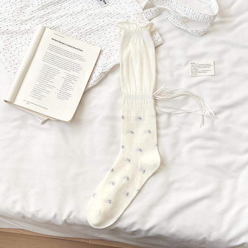 Women's Ballet-Style Ruffled Mesh Socks - Breathable, Anti-Pilling Cotton, Korean Style, Lace-Up Design