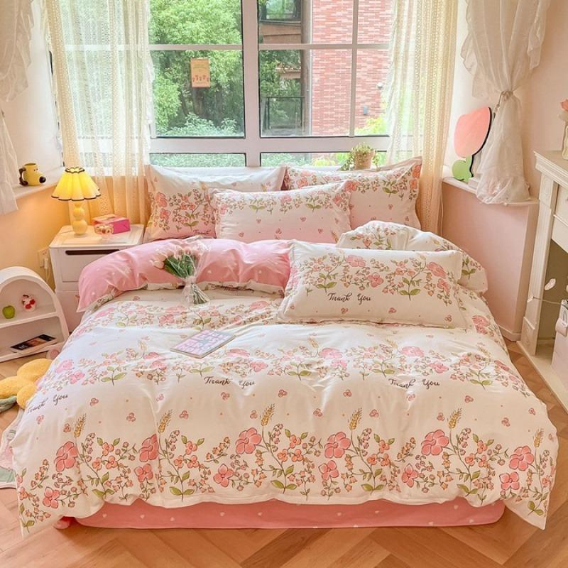 Cartoon 100% Cotton Bedding Set Duvet Cover with 2pc Pillowcase for Kids, Adult Single Double Bed Quilt Cover Sets Flower Print