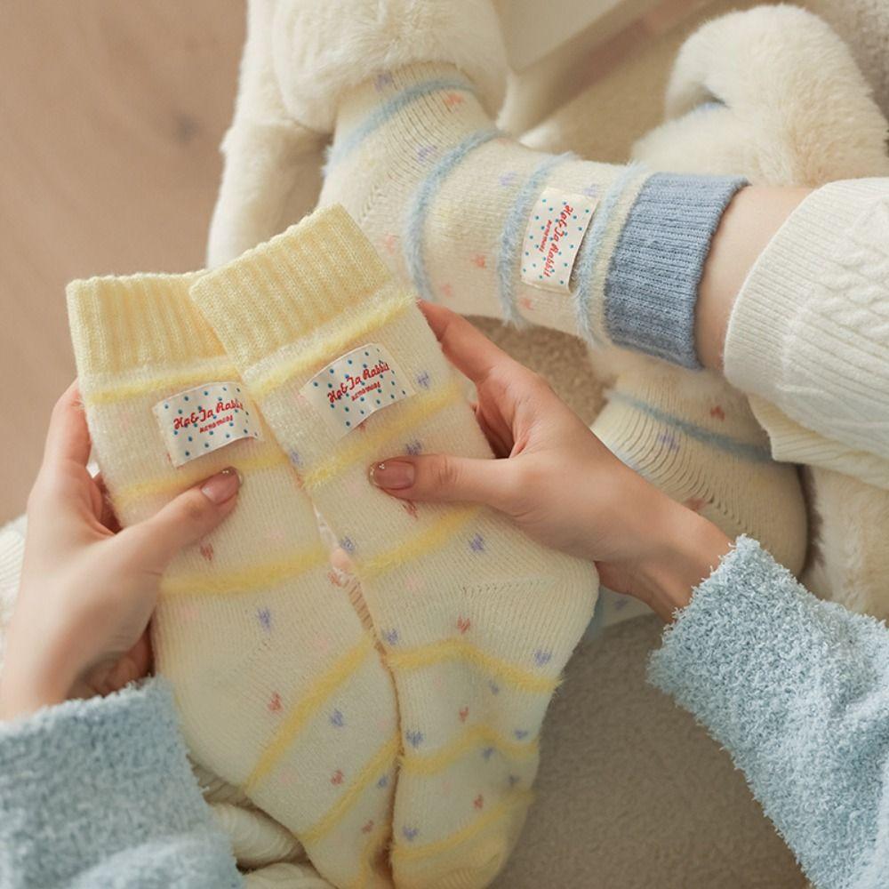 Striped Mid Tube Socks Candy Color Thickened Floor Socks Korean Warm Sleep Socks Sleep Wear