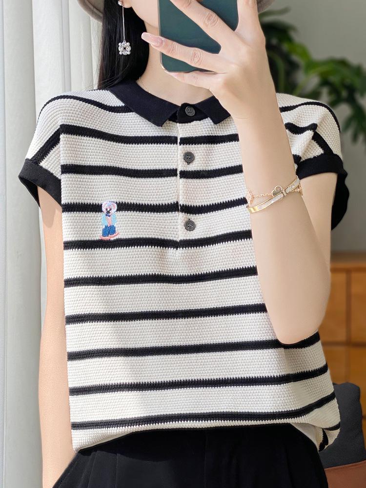 Women's 2024 Summer Ice Silk Striped Embroidered Polo T-Shirt