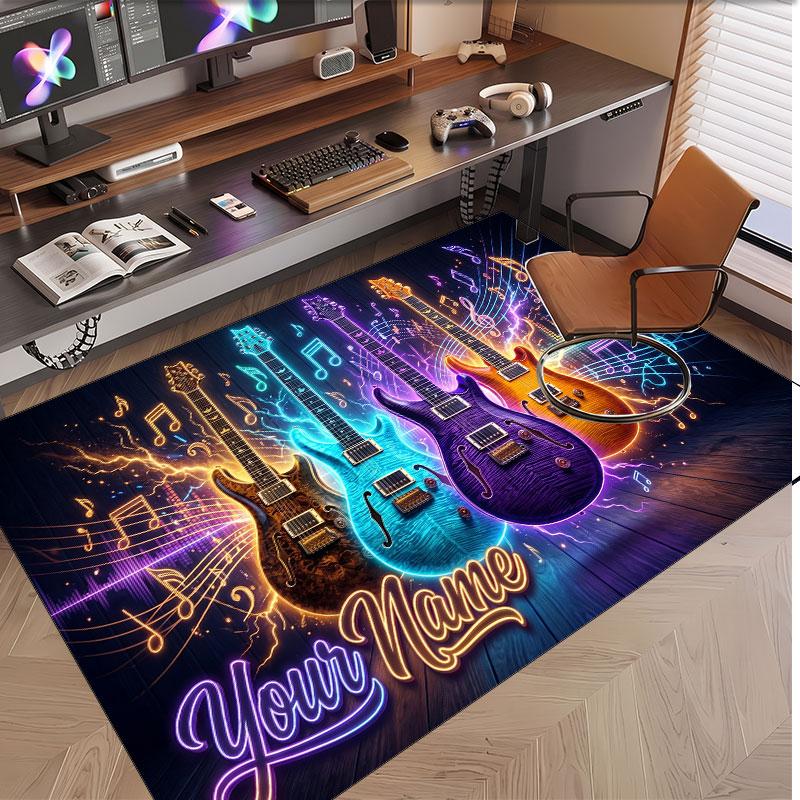Music Guitar Theme Soft Crystal Velvet Rug Custom Name & Text Print Non Slip Floor Rug for Bedroom Living Room