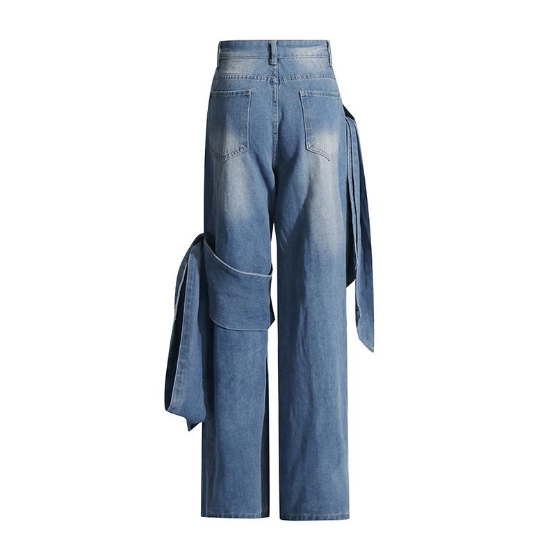 Women's Jeans Spring Autumn Latest Washed and Distressed Patchwork Bow Wide Leg Pants with High Waist and Slimming Design