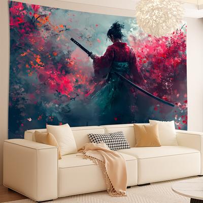 Retro Red Samurai Background Wall Cloth Living Room, Bedroom, Office, Party Decoration-Polyester Tapestry 150x230cm