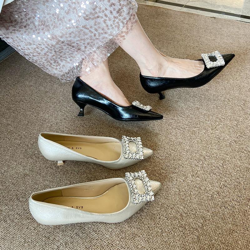 G460-6 pointed single shoes women's 2025 new autumn shallow mouth ladyshoes square buckle rhinestone Mary Jane stiletto high heels