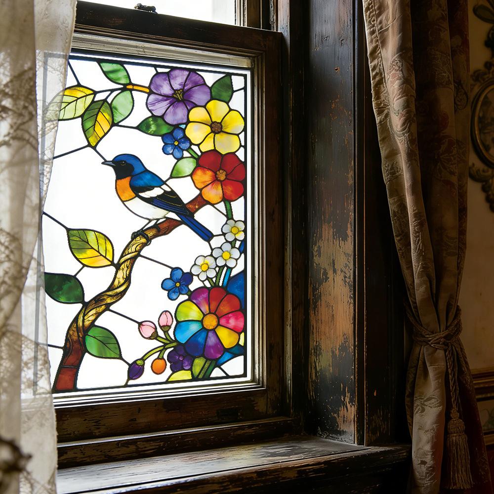 Flores e Pássaros Pintados Janela de Vidro de Varanda Externa Decoração e Embelezamento de Casa Adesivos de Janela