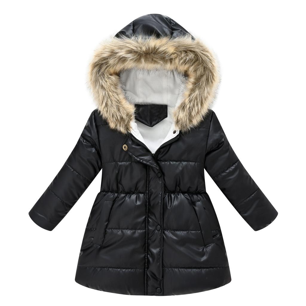 Girls' Solid Color Long Hooded With Faux  Trim - Winter Warm Coat