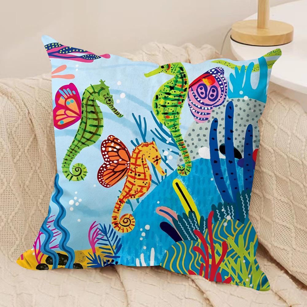 Marine Animals Summer Ins Cushion Cover Silky Short Plush Invisible Zipper Dustproof Sofa Pillow Case For Home Decor