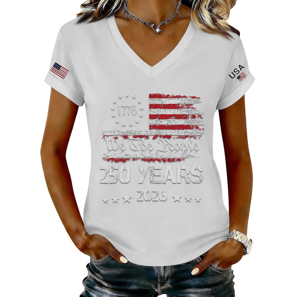 Women's Fashionable V-Neck Casual Retro Print Short Sleeved T-shirt Top