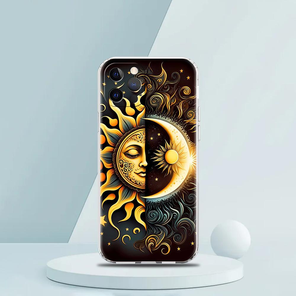 Soft TPU Transparent Phone Case Cover for iPhone 16 15 14 13 12 11 Pro Max XR 8 7 Plus Shockproof Shell Sun Moon Stars Pattern