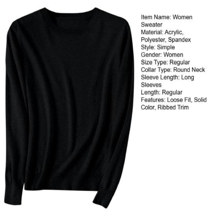 Warm Knitwear Pullover Women Sweater Solid Color Ribbed Trim Round Neck Long Sleeve Knitting Tops