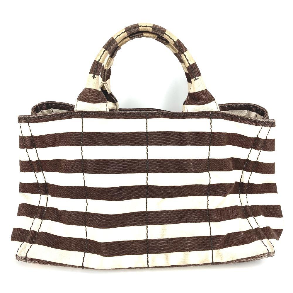 Prada Canapa Logo Border Bag Tote Bag Hand Bag Canvas Brown/White