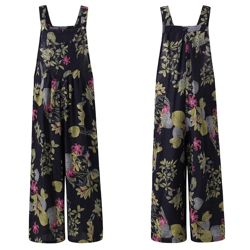 Women Sleeveless Floral Printed Jumpsuit Rompers Wide Leg Bib Pants Long Trousers Suspenders Overalls Pantalon Femme
