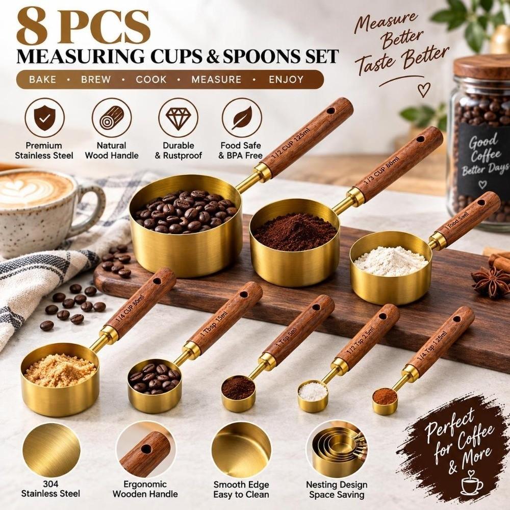 8Pcs Wooden Handle Measuring Spoon Set Gold Brown Baking Measuring Tool Home Kitchen