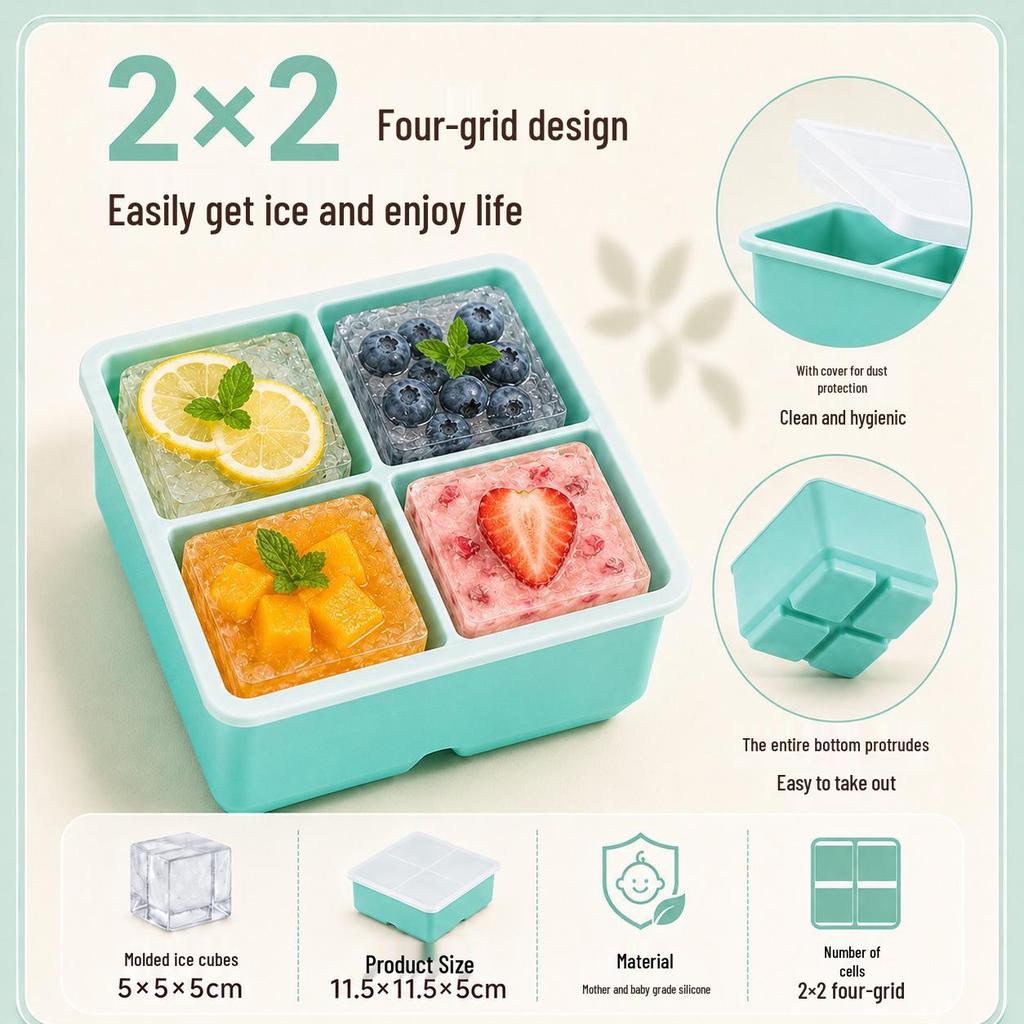 Square Ice Cube Tray with Lid - Large Silicone Mold for Home Use