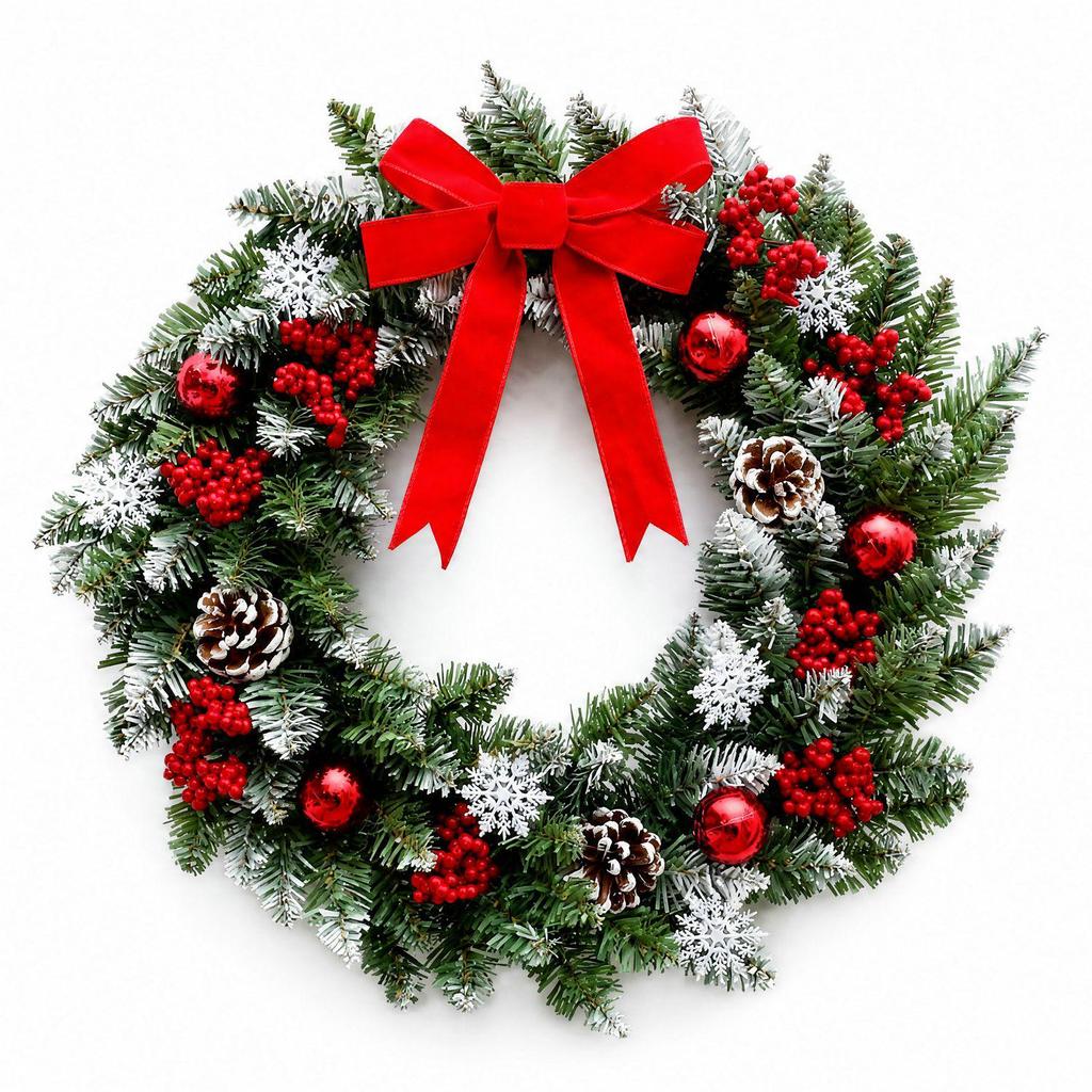 Christmas Snowflake Wreath with Pine Cones and Red Berries - Door Hanging Decoration for Holiday Parties