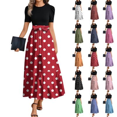 Damenmode Lässig Gürtel Kurzarm Rundhals Polka Dot Print Spleißen Elegantes Temperament Kleid