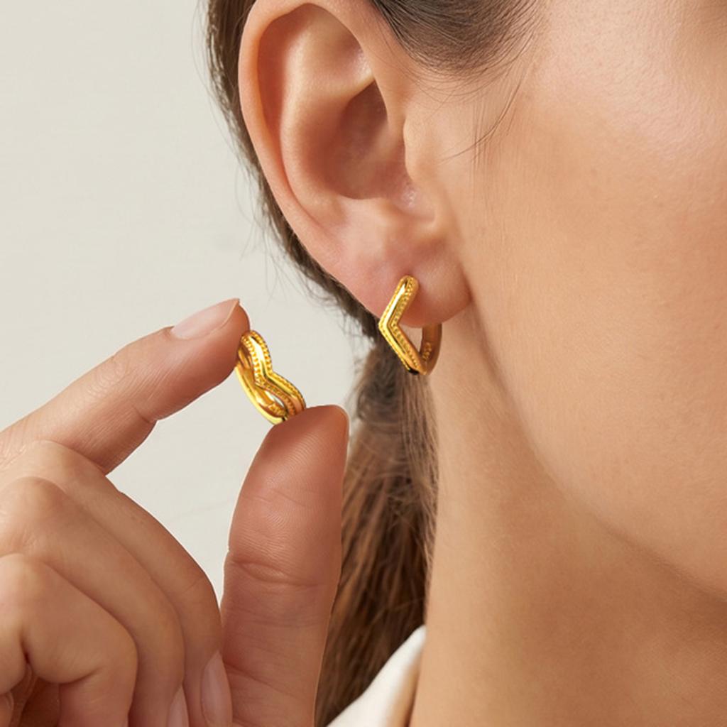 Gold Plated V-Shaped Zircon Huggie Hoop Earrings,  Small Paved Fashion Korean CZ Geometric Lightweight Minimalist Ear Jewelry