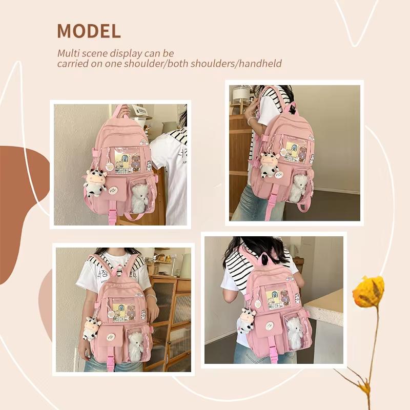 Cute Oxford Cloth Ita School Backpack, Multi-Pocket Breathable Bag for Girls & Ladies, Clear Window for Badges