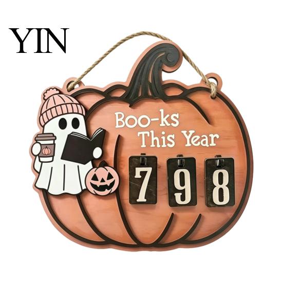 Raised Pattern Counter Halloween Ghost Pumpkin Reading Tracker Wooden Hanging Sign, Sliding Number for Book Read This Year, Decoration Spooky