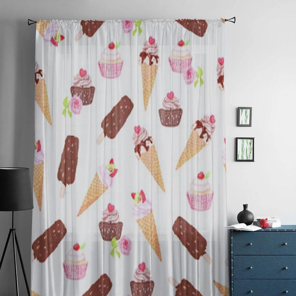 Ice Cream Cone And Cupcakes Tulle Curtain For Living Room Sheer Valance Curtain For Kitchen Bedroom Window Drapes