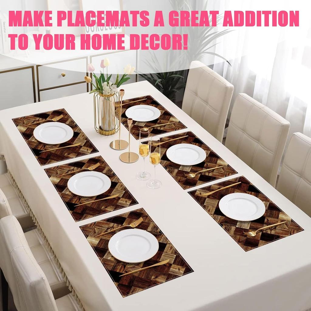 Vintage Wood Grain Placemats Set of 6,12x18 Inch Linen Place Mat Washable Stain Resistant Table Mats