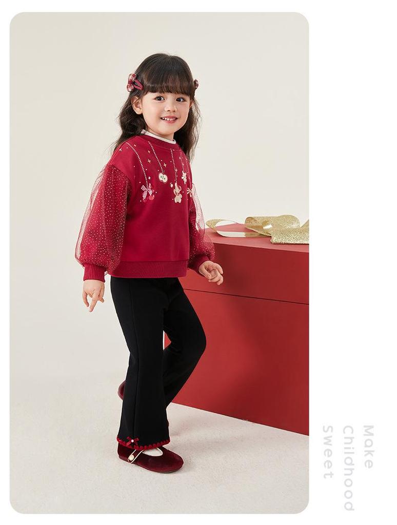 Girls' Red Autumn/Winter Round Neck Hoodie Pullover