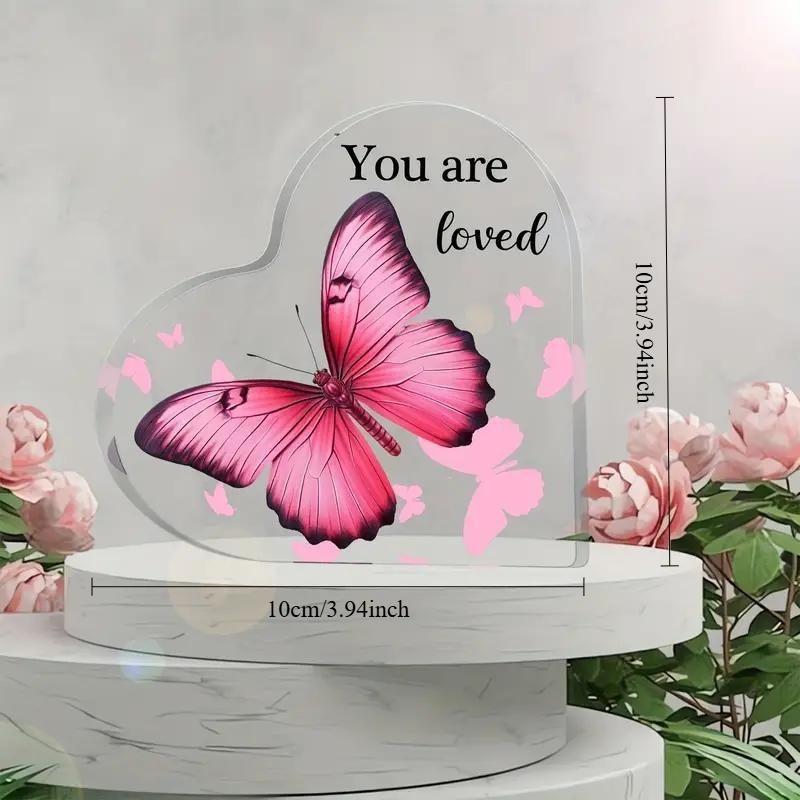 "You Are Loved" Butterfly Heart Acrylic Plaque - Pink Butterfly Design, Keepsake for Home or Office Decor, Perfect Birthday, Holiday, or Party Gif