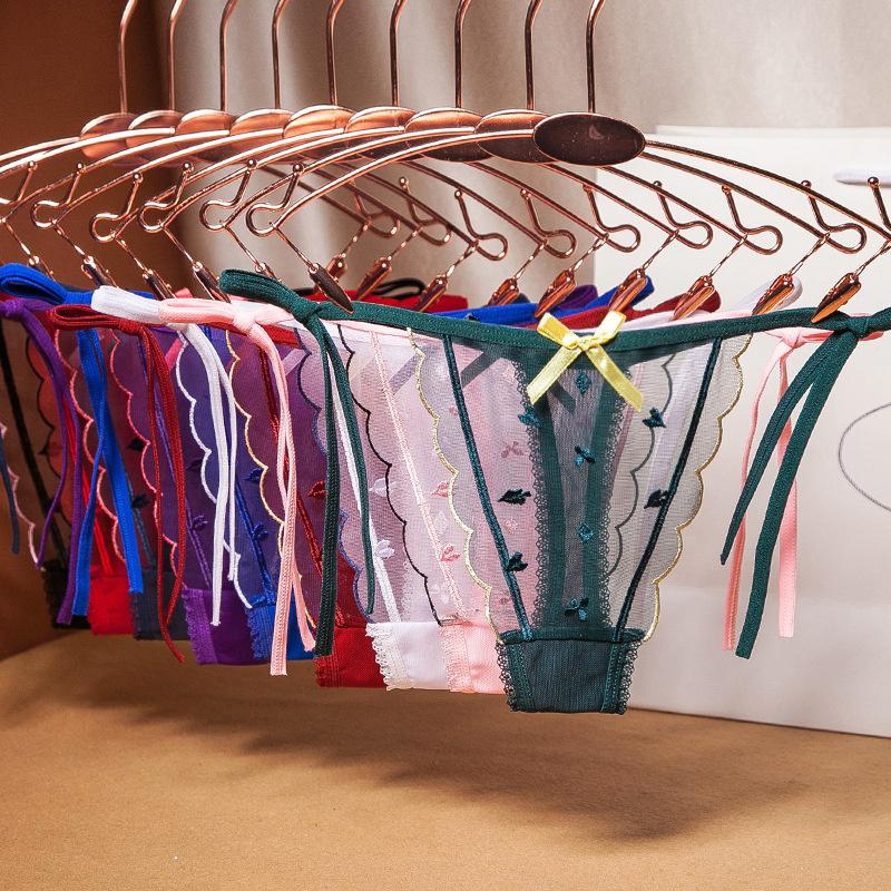 Women Sexy Lace Panties with Bowknot Panties Low Waist G-string Breathable T-back Briefs Lady Charming Thongs Underwear